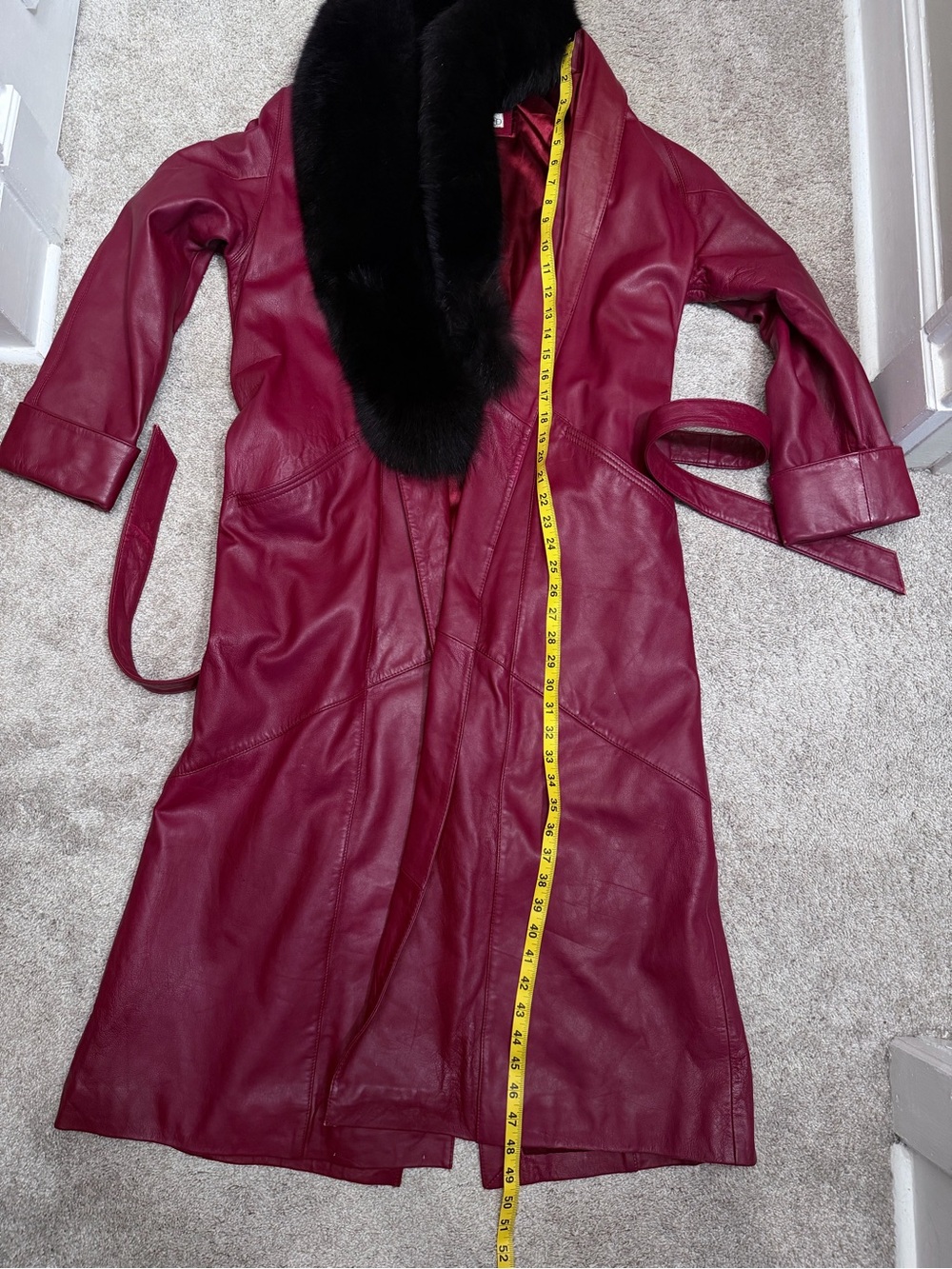 Vintage Leather Full-Length Trench Coat - Oxblood - Women’s Small - Faux Fur